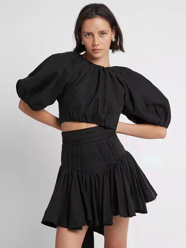 Delocah High Quality Summer Women Fashion Runway 2 Pieces Set Lantern Sleeve Short Tops + High Waist Black Print Skirts Suits