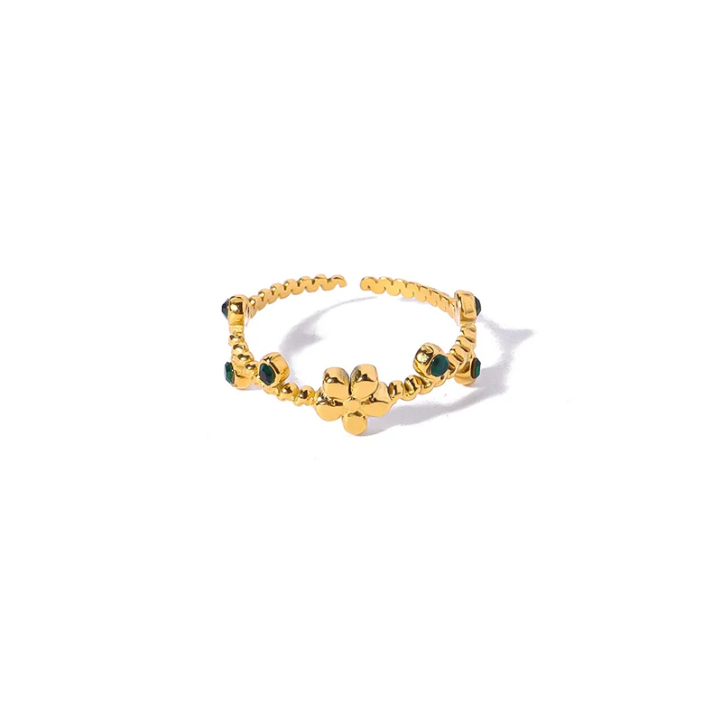

Stylish 14K Gold Plated Stainless Steel Green Glass Stone Flower Opening Rings for Women Waterproof Adjustable Ring Jewelry Gift