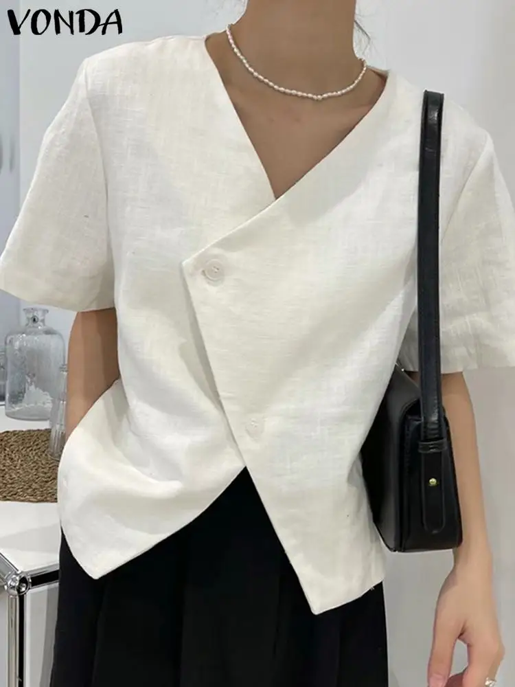

Women Blouse Shirts Sexy V Neck Summer Tops 2023 VONDA Casual Solid Color Shirts Fashion Short Sleeve Elegant Oversized Blusas