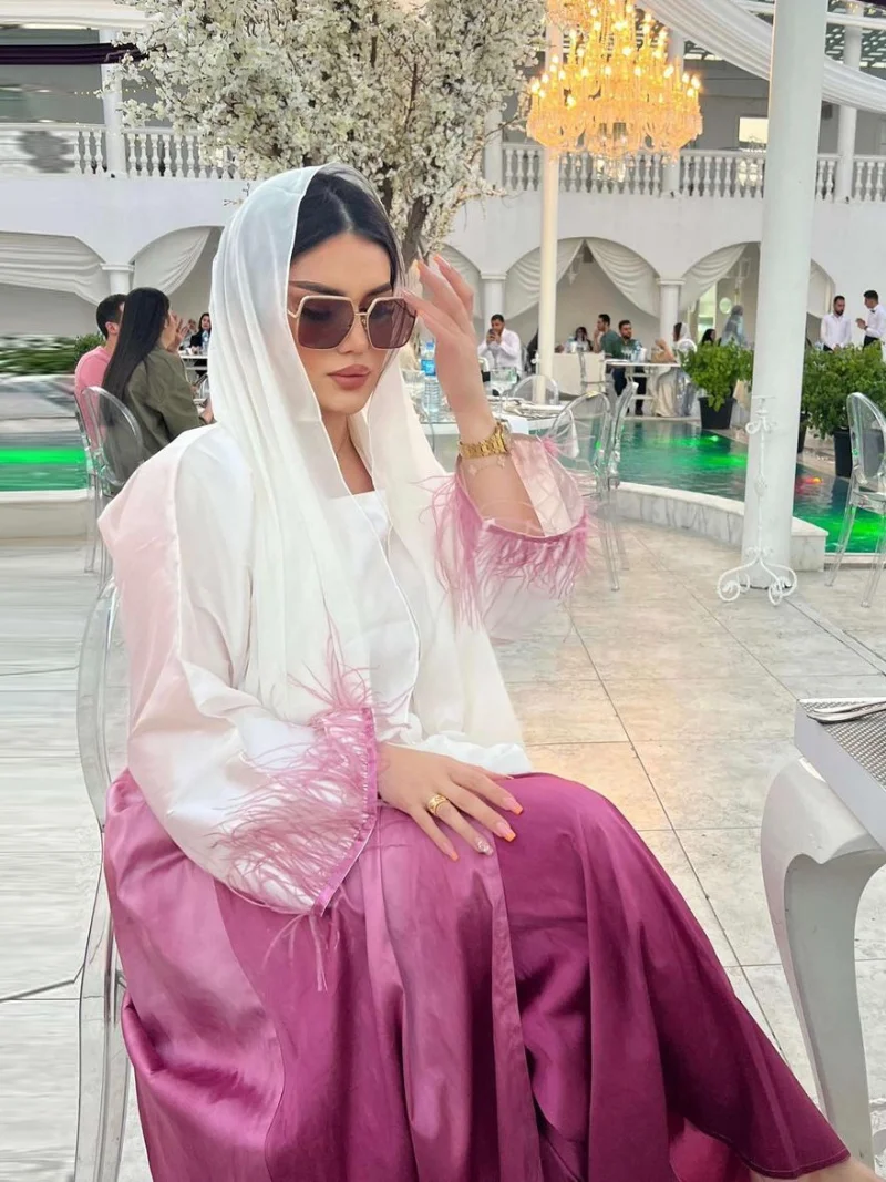 Eid Abaya Dress for Women Satin Feather 2 Piece Dresses Set Woman Party Abayas Ramadan Dubai Robe Caftan Vestidos Kaftan 2023
