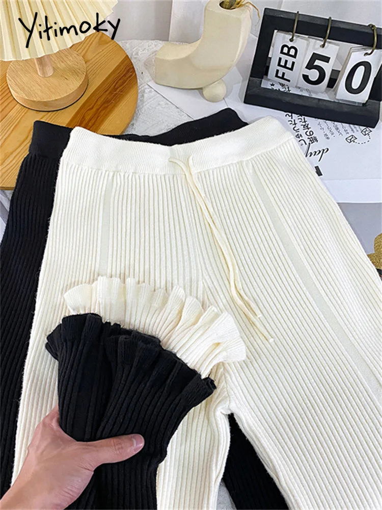 

Ruffles Knitted Wide Leg Pants for Women Fall Witer 2023 High Waist Oversized Flare Pants Office Ladies Casual Pants