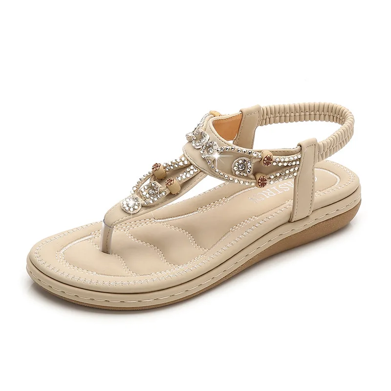 

Qianshuyi Elegant Apricot Bohemian Crystal Floral Thong Sandals 3CM Wedge Slip-On Free Shipping 2024 Summer Leisure