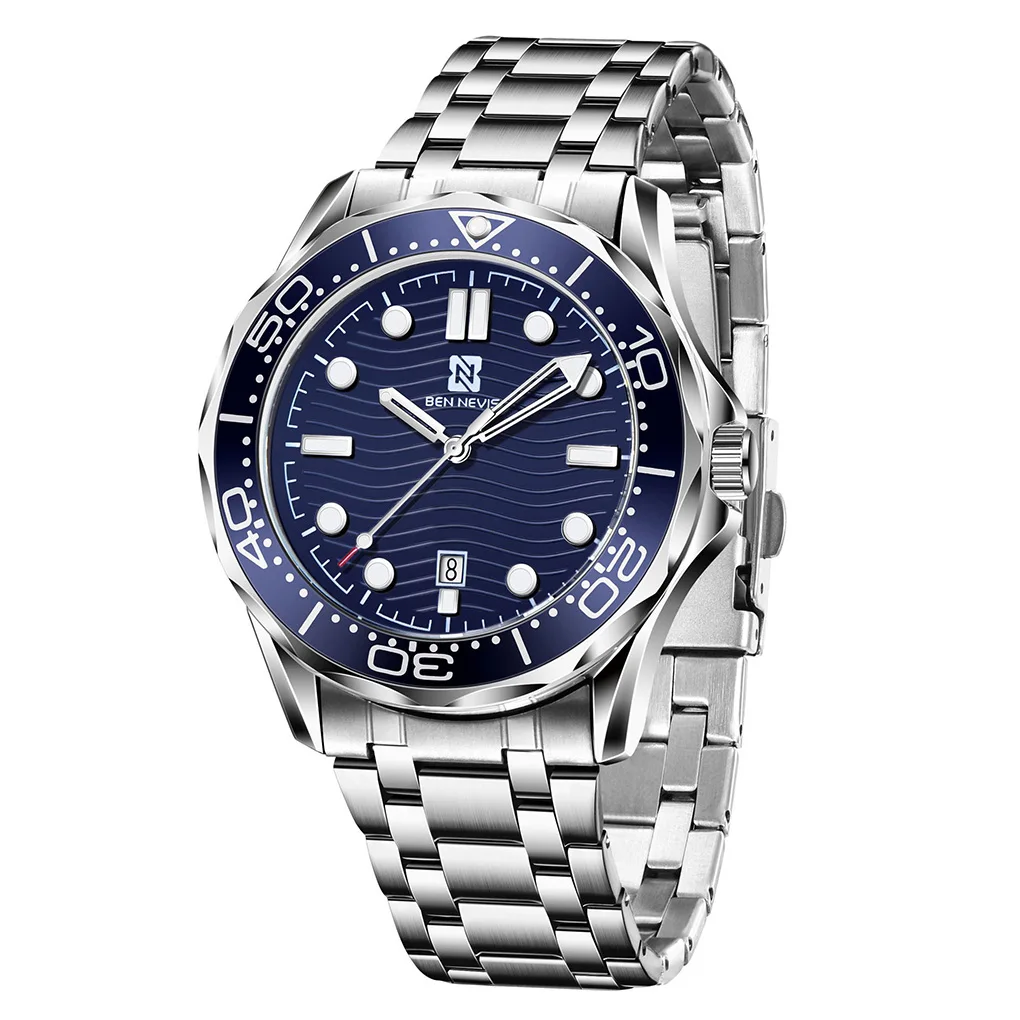 

Men Three Eyes Quartz Watch Outdoor Wrist Watch Waterproof Stainless Steel Wristwatch Steel Watchband Blue Dial