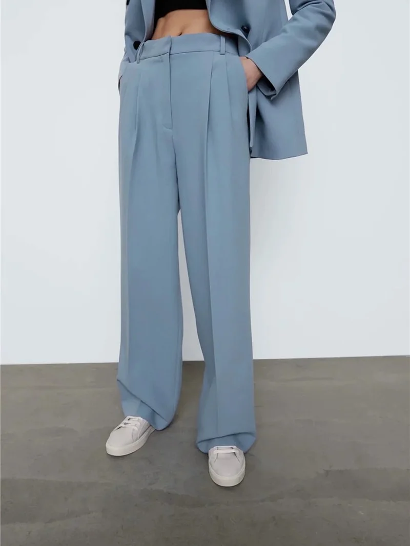 

Blue Simple High Waist Suit Pants Women Solid Colors Slim Casual Office Straight Blazer Pants 2021 New Fashion Tailored Trousers