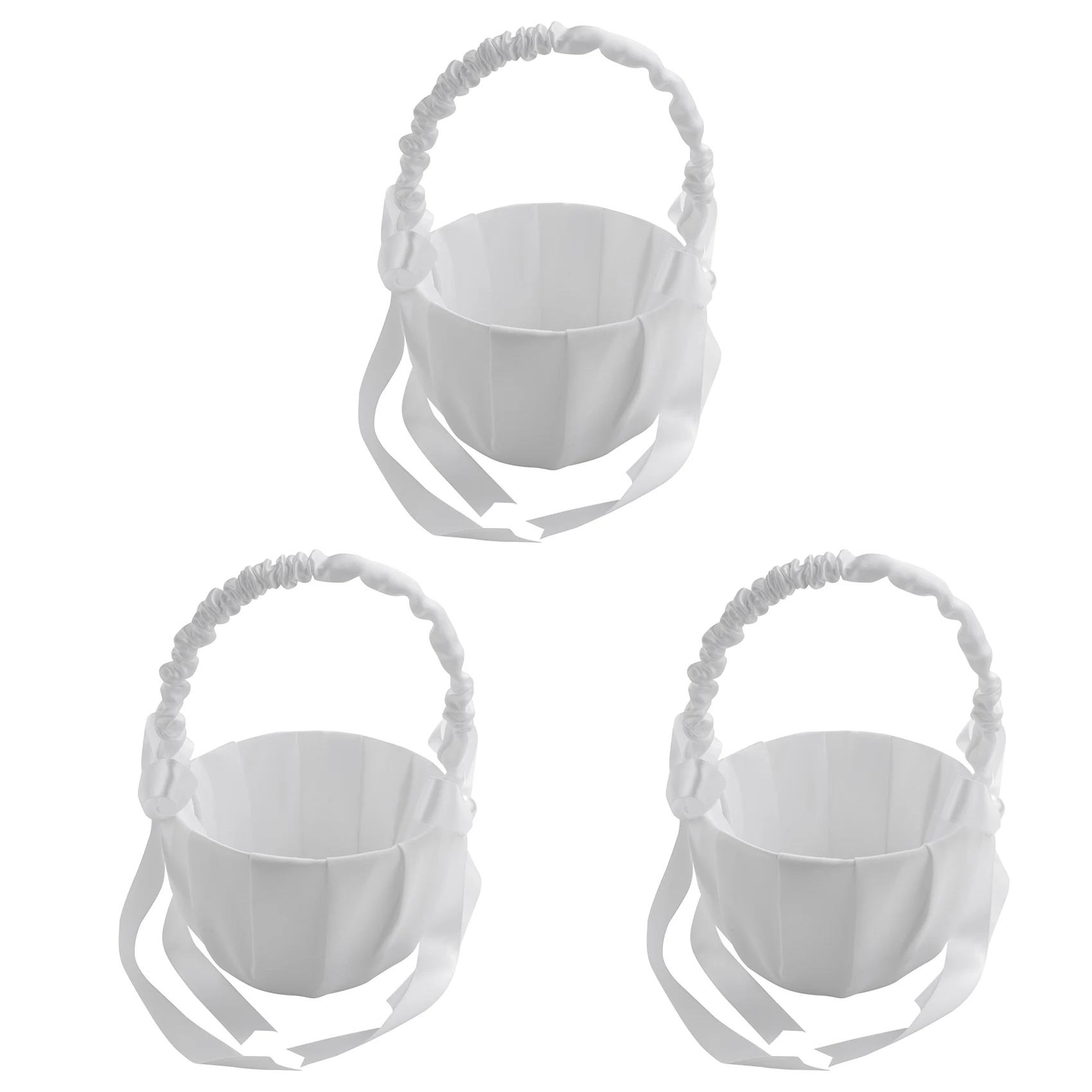 

3X Romantic White Satin Bowknot PEARL Flower Girl Basket Wedding Ceremony Party