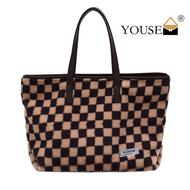 

2022 New Winter Plush Shoulder Bag for Women Luxury Brand Faux Fur Fashion Plaid Mink Crossbody Designer Ladies Handbag