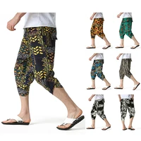 men harem men cropped trousers summer trousers waist rope linen casual micro stretchable printing print outdoor party pants