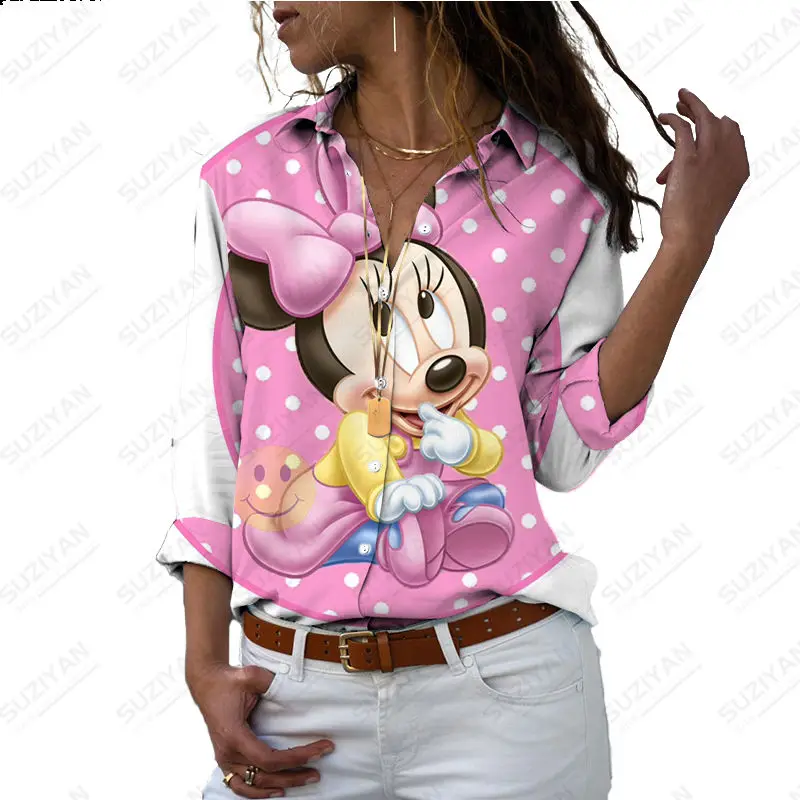 

Disney Cute Style Long Sleeve Women's Shirt Minnie Mickey Mouse Print Dress Casual Cardigan Fashion Cartoon Button Chiffon Shirt