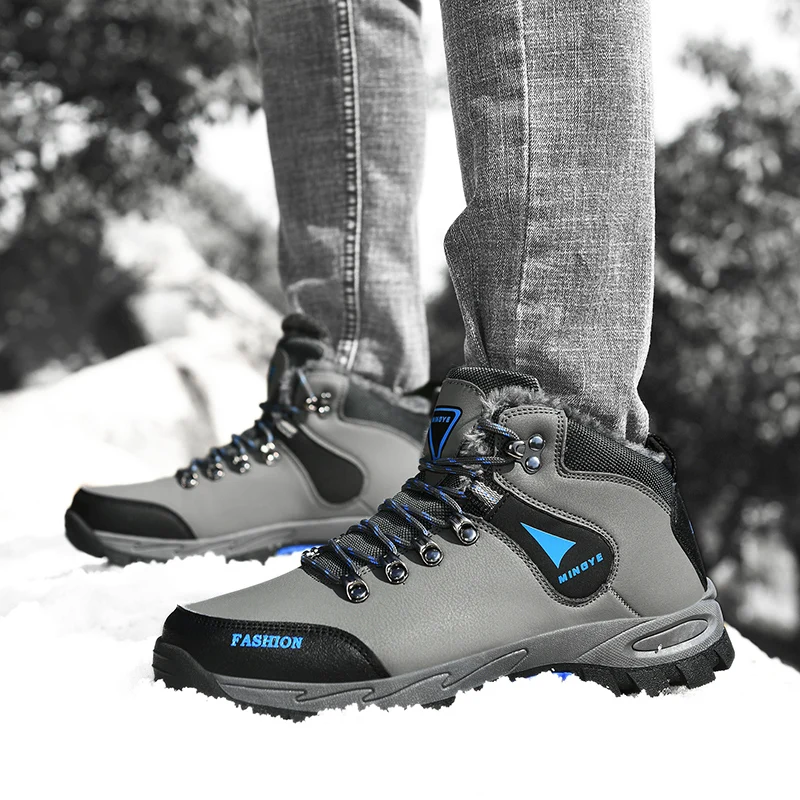 New Black Waterproof Snow Boots Men Winter Shoes Warm Fur Trekking Boots Man Outdoor Sneakers Non-slip Men Leather Hiking Boots