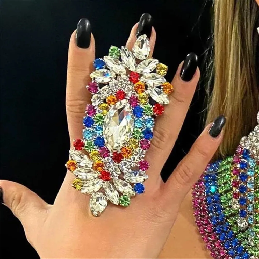

Colorful Crystal Big Open Adjustable Rings Finger Decoration for Women Rhinestone Geometric Finger Rings Statement Jewelry Gift