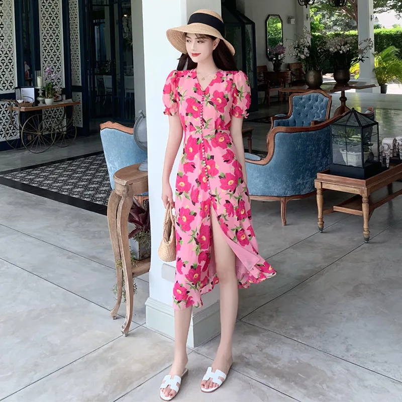 

Floral Chiffon Long Women Dress Summer 2022 Runway Elegant Retro Party Dress Pink Cute Tropical Korean Boho Beach Vacation Dress