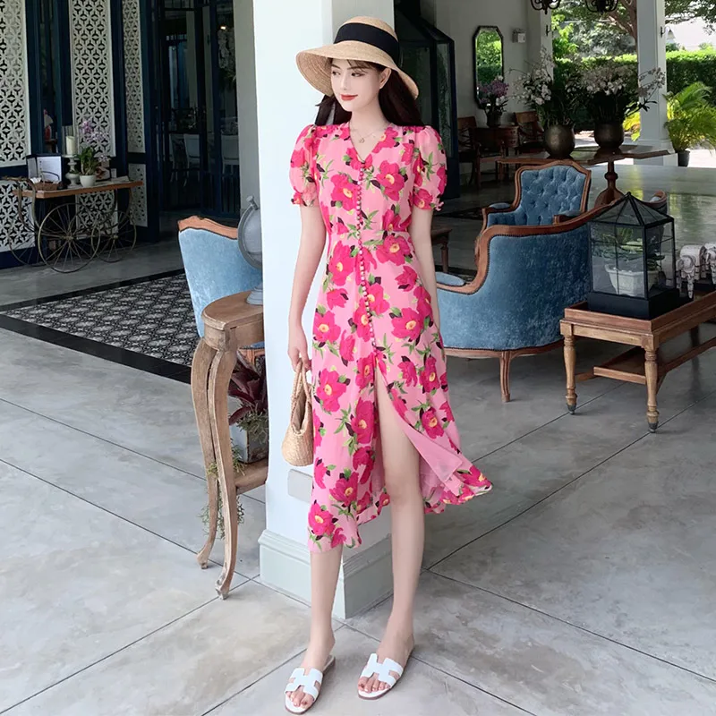 С цветочным принтом длинное шифоновое женское платье Лето 2022 взлетно-посадочной