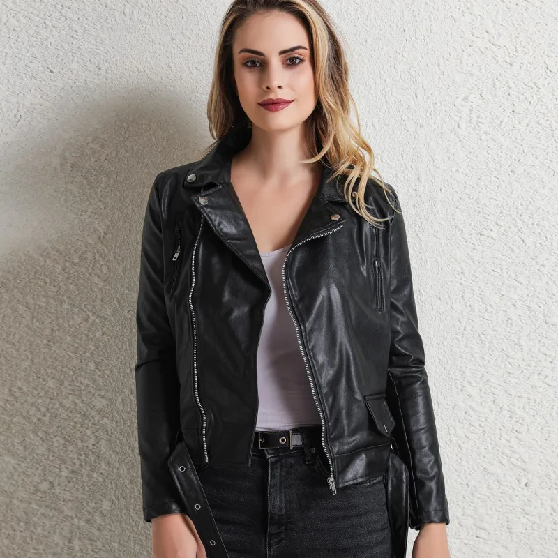 Женская короткая мотоциклетная куртка Повседневная облегающая из искусственной