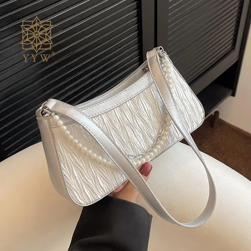 

Plastic Pearl Chain Crossbags Women Vintage Gothic Chain Pleated Clutch Handbag Fashion Underarm Bag Females Pu Leather Handbag