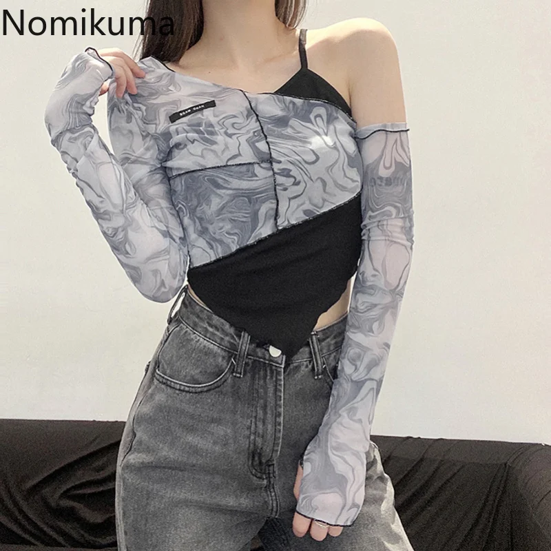 

Топы Nomikuma Y2k, весна-осень, окрашенные в завязку, с открытыми плечами, тонкая женская одежда, винтажные модные уличные футболки в стиле Харадзюку с длинным рукавом
