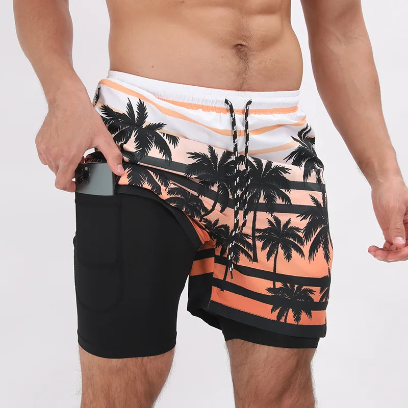 

Summer Coconut Palm Man Running Shorts Gym Fitness Bodybuilding Training Quick Dry Shorts Men Jogging Sports 2 In 1 Bottoms