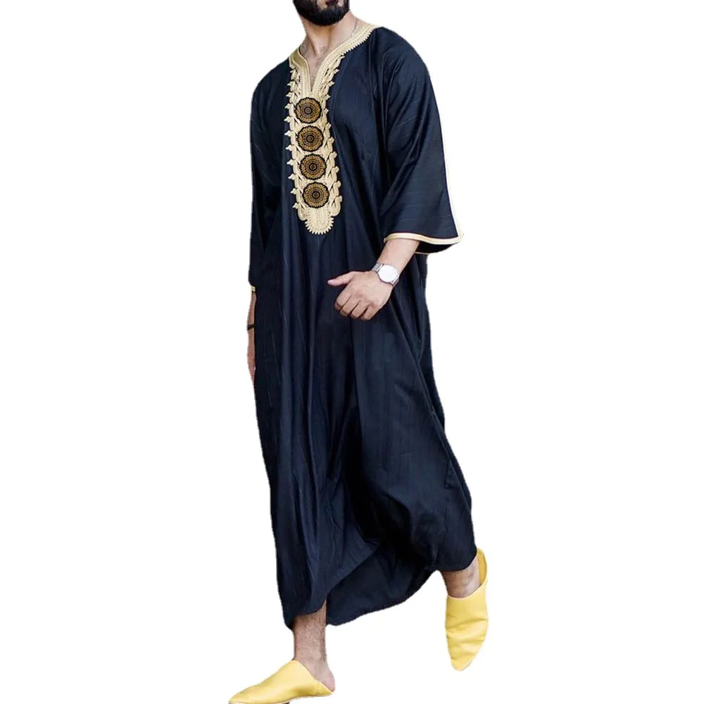 2023 New Muslim Abaya Arab Ethnic Loose Casual V-neck Mid-sleeve Jumpsuit Muslim Men Clothing  Arabic