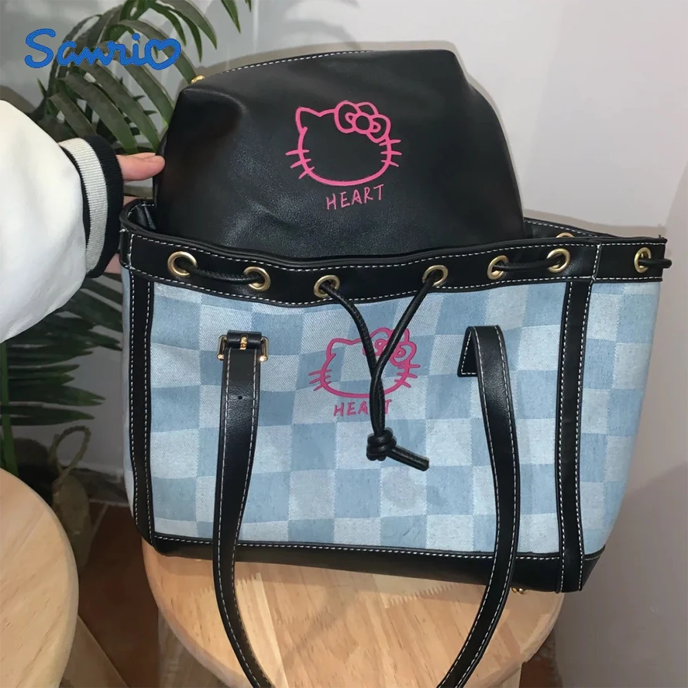 

Kawaii Hello Kitty Denim Bag Tote Bag Fashion Sweet Girl Lattice Handbag Phone Earphones Lipsticks Storage Light Blue Bag Gifts