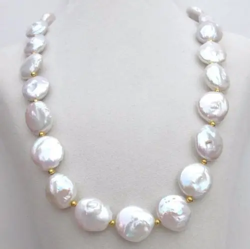 

AAA++ south sea white coin pearl necklace 18" 925silver GOLD CLASP
