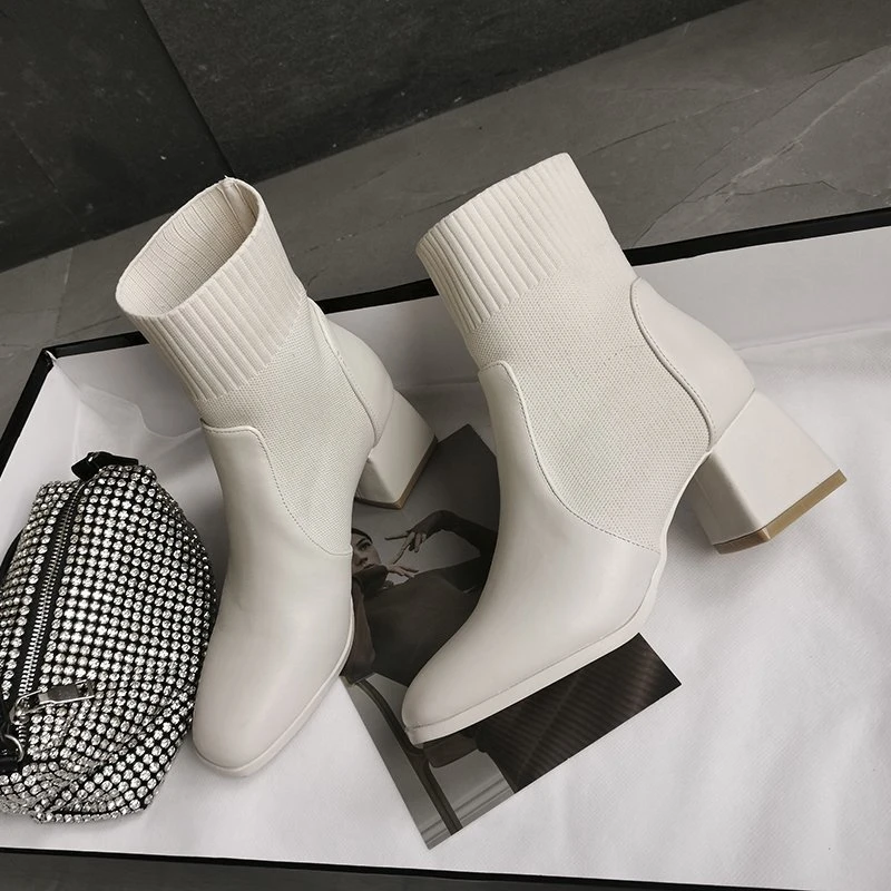 

Новинка 2022, осенне-зимние женские ботинки, вязаные эластичные ботинки-носки, ботинки с квадратным носком на массивном каблуке, Модные ботил...