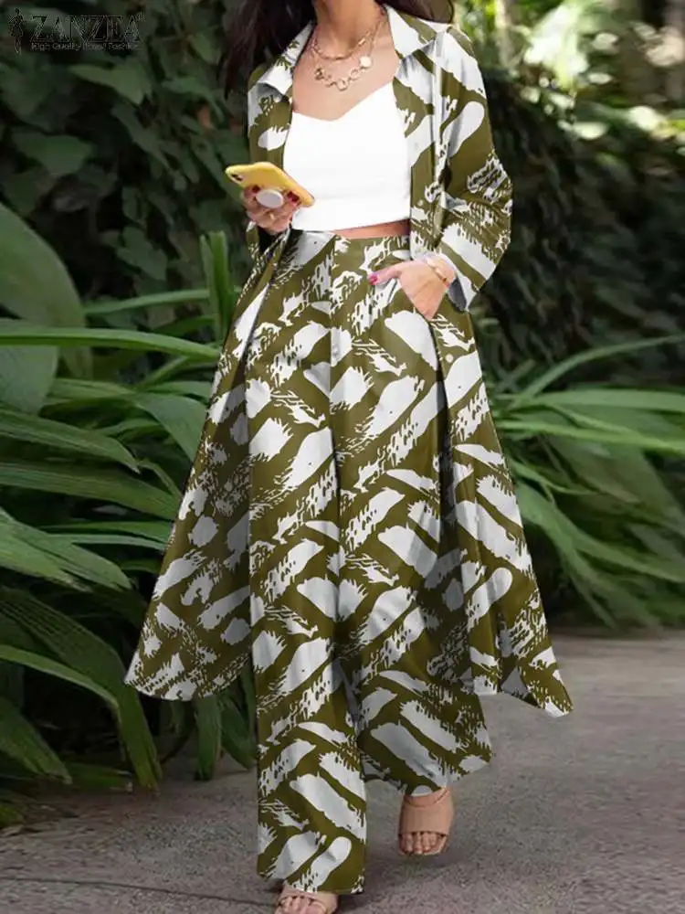 

Женские комплекты из рубашки и брюк с длинным рукавом, весенние модные элегантные офисные брюки с цветочным принтом и широкими штанинами, к...