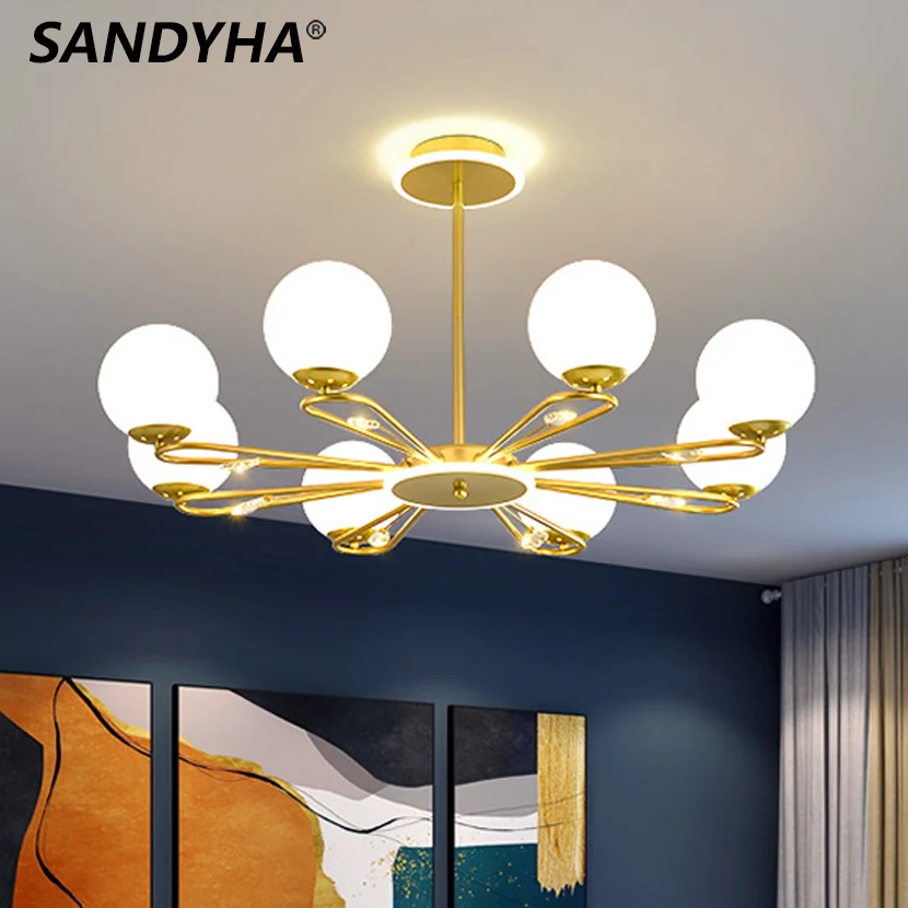 

SANDYHA Luxury LED Living Room Chandelier Milk White Frosted Glass Ball Lamp On Ring Black Gold Iron Frame Pendant Light Fixture