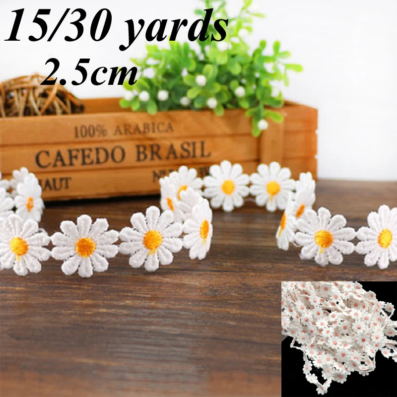 

15/30yards 2.5CM White Embroidered Daisy Lace Fabric 3D Flowers Lace Ribbon Sewing Trimming Decor For Dress Collar Hats Headwear