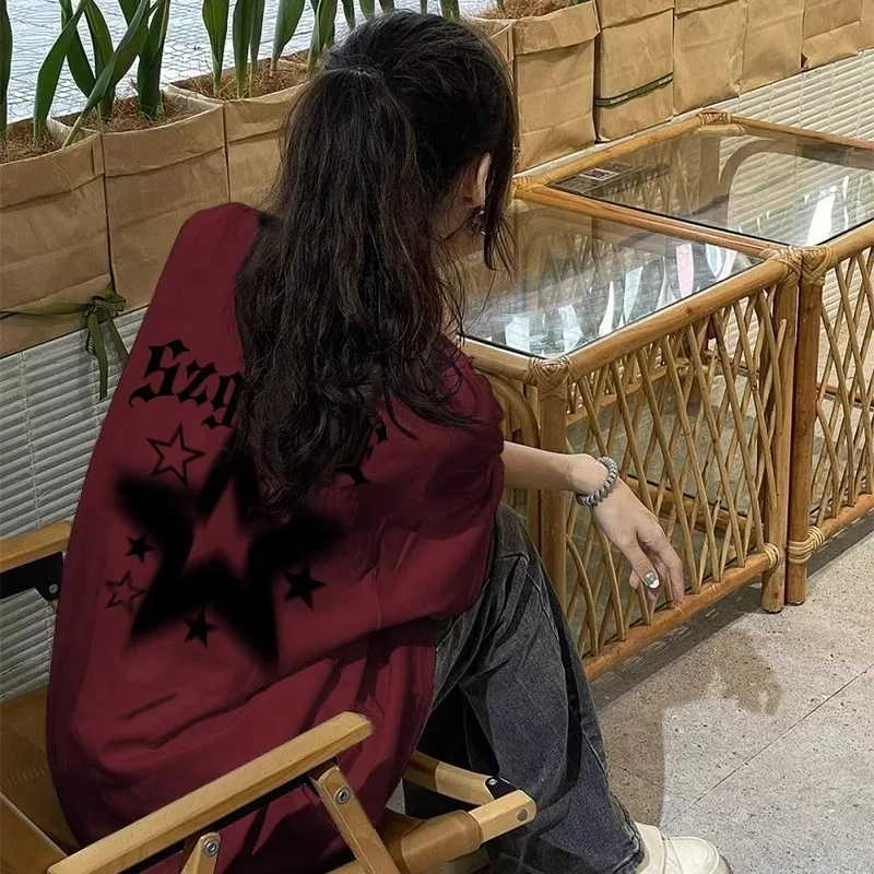 Женская футболка из чистого хлопка Бордовая с коротким рукавом новинка 2024 летние