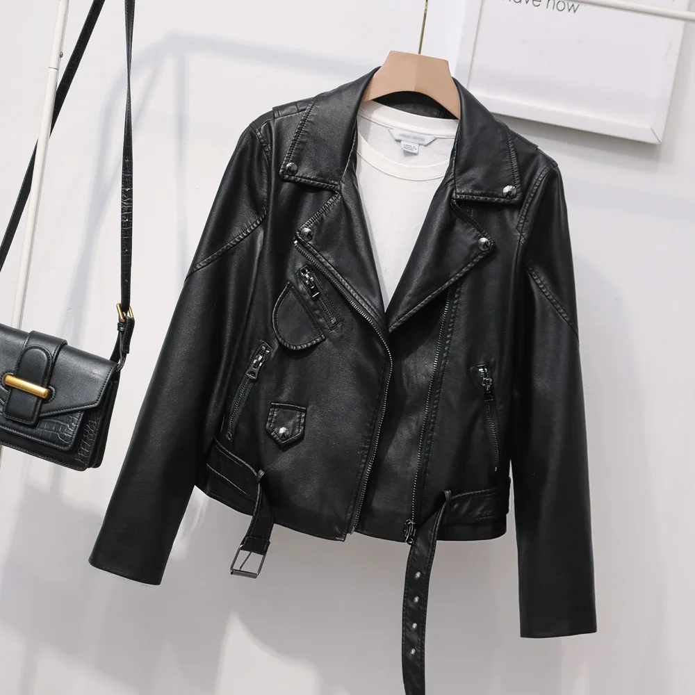 Heavy Industry zipper lapel belt women's leather jacket motorcycle suit slim short coat