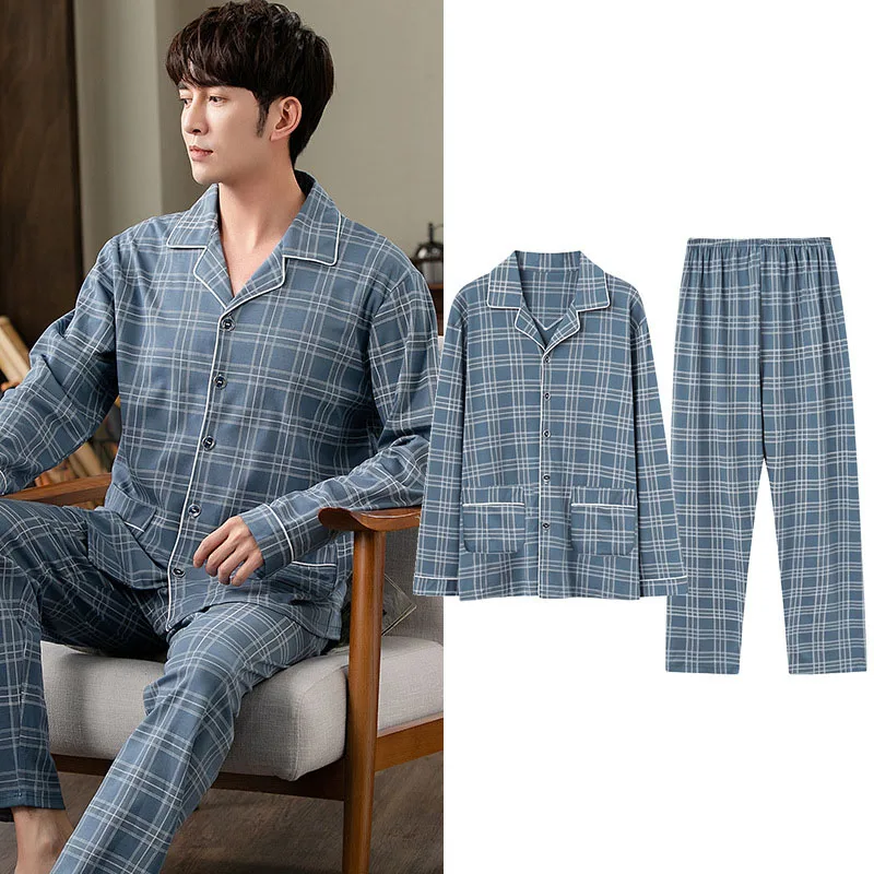 Men's Spring Winter Pajamas Sets Luxury Clothing Night Clothes Comfortable Concise Style Sleep Lounge Wear Room Plaid Pajamas