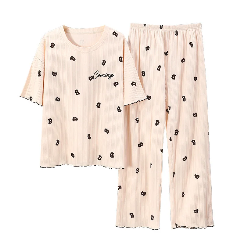 New Style Pajamas Women's Summer Short Sleeved Trousers Pure Cotton  Cartoon Cute Girl Loose Large Home Clothes Suit