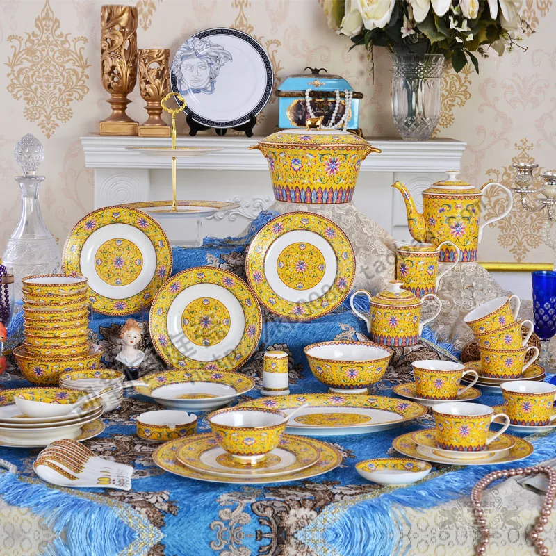 52 Chinese enamel colored imperial yellow underglaze bone porcelain tableware 69 ceramic tableware bowls, spoons, tea sets