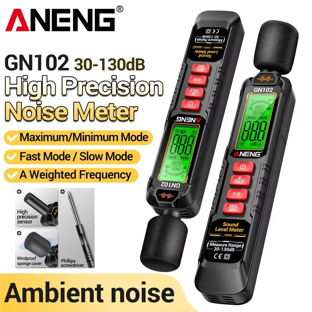 Фото Цифровой измеритель уровня звука ANENG GN102, 30-130 дБ, портативный измеритель уровня шума, измеритель децибел, инструмент для измерения шума. №1