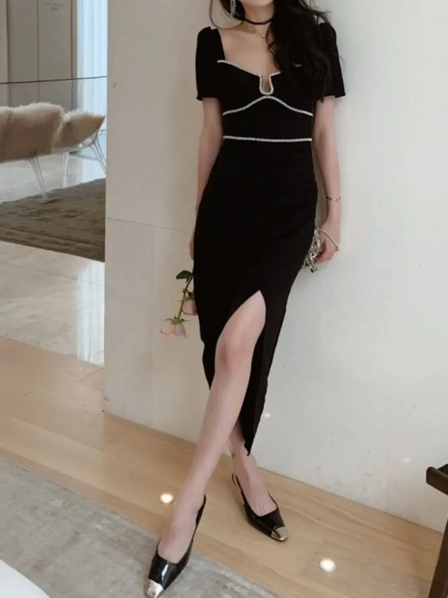 Women's Beading Square Collar Split Short Sleeve Party Midi Dress