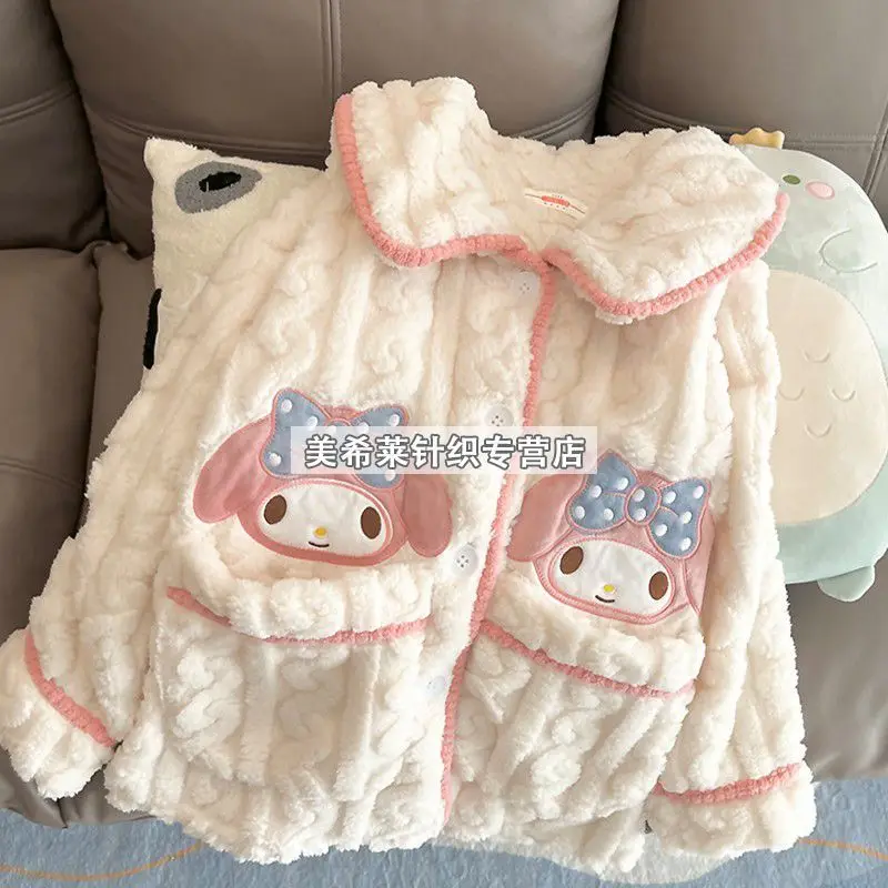 

Новинка, пижама Sanrio Melody с сердечками для девочек, весенне-зимний утепленный бархатный костюм кораллового цвета, милая пушистая домашняя одежда