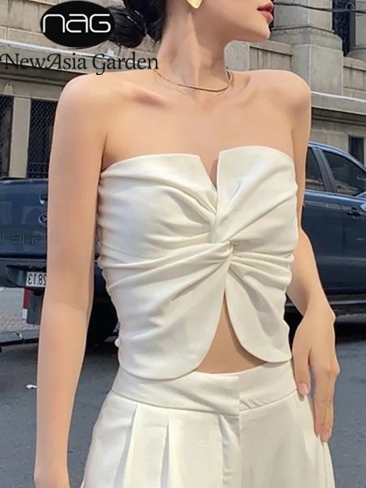 

NewAsia White Twist Strapless Top Hollow out Sleeveless Backless Ruched Bodycon Crop Tops Summer Casual Sexy Party Club Tube Top