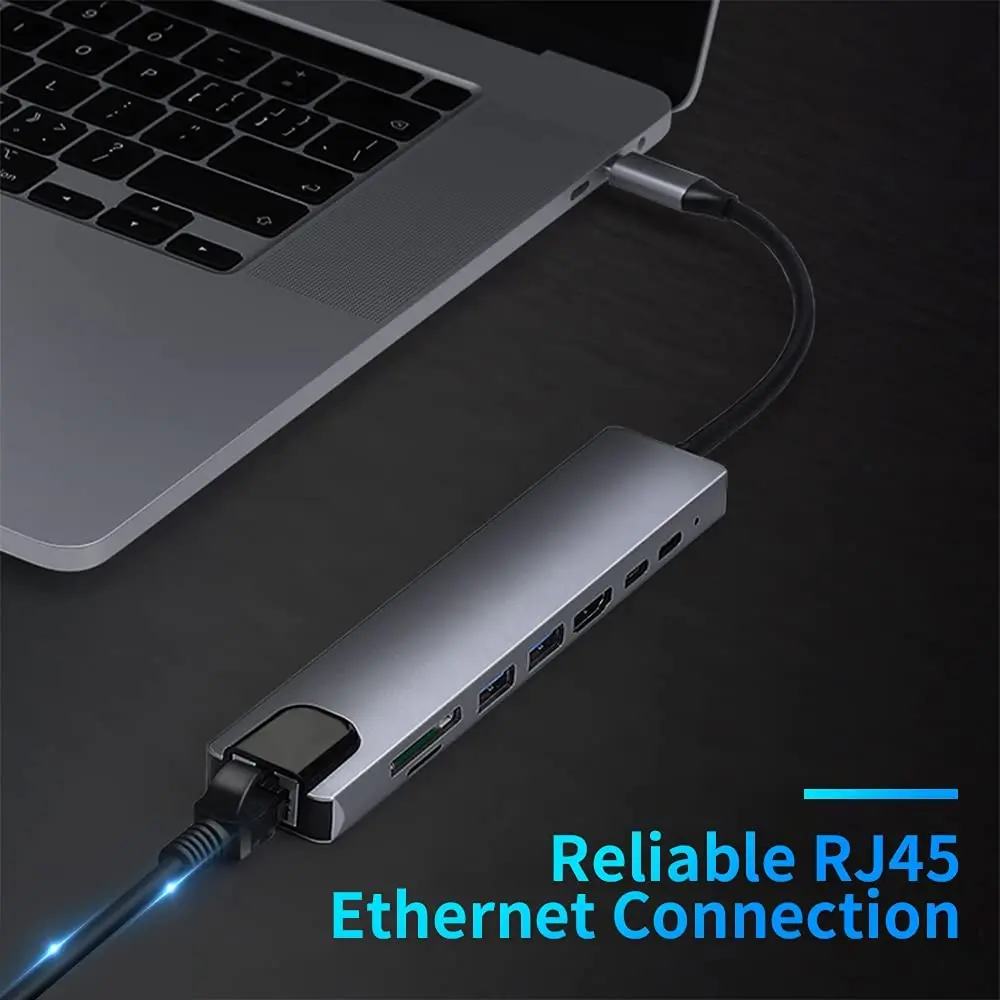 Док-станция 8 в 1 USB C разветвитель адаптер с PD зарядкой RJ45 Ethernet 4K HDMI TF/SD картой для