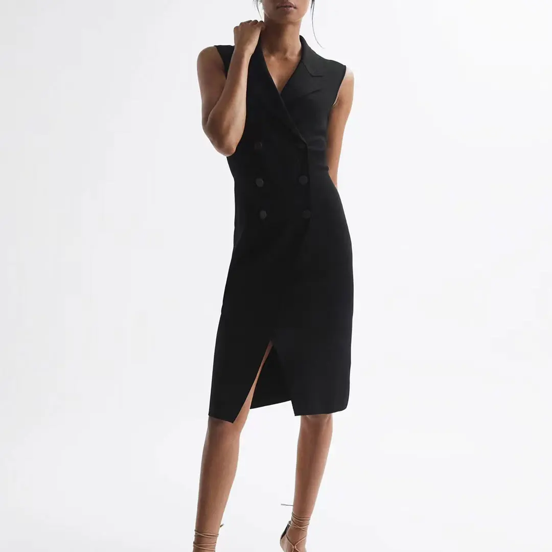 

Женское двубортное платье без рукавов с поясом на резинке и высокой талией