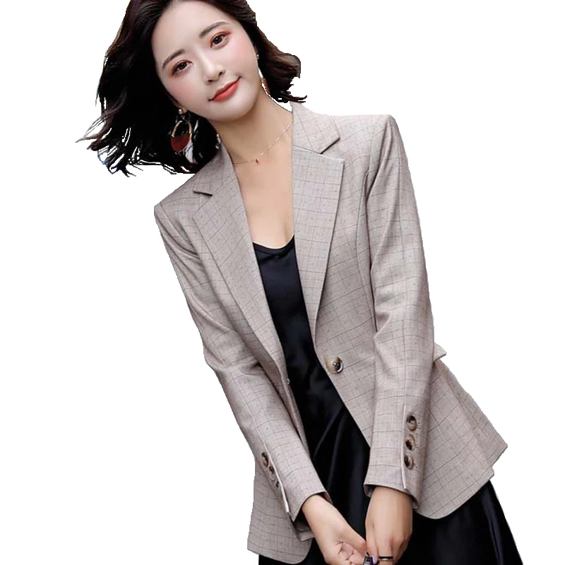 

Women Elegant Apricot Gray Pink Plaid Blazer Long Sleeve Single Button Slim Checked Coat Formal Office Work Jacket Outerwear