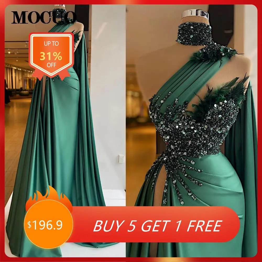 

Elegant Green Stain Prom Dresses Women Mermaid Aso Ebi Evening Gowns With Train Custom Made Sequins Feather Formal Party Dress