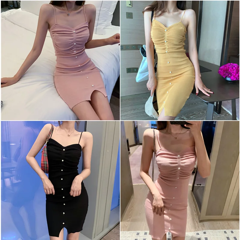

Sexy Sling Single-breasted Sleeveless Hip 2022 New Summer Off Shoulder V-neck Solid Color Irregular Fashion Pleated Dress