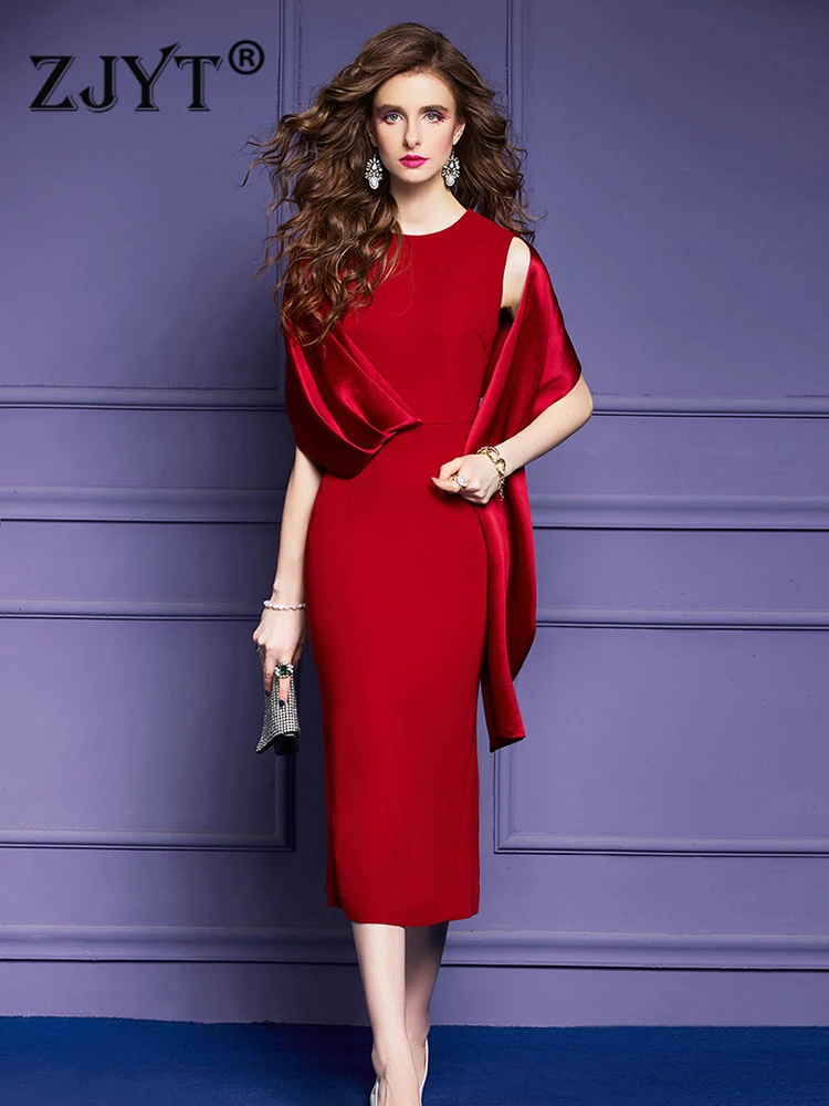

ZJYT Elegant Luxury Mermaid Formal Occasion Party Dresses Women 2023 Summer Cloak Sleeve Red Evening Prom Vestido Plus Size Robe