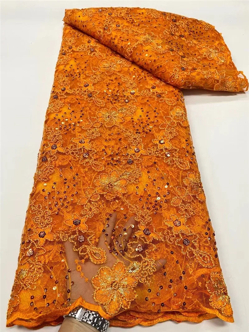 

Модная оранжевая африканская Тюлевая кружевная ткань с блестками, французский сетчатый материал, вышитая сетчатая ткань, булавка для плать...