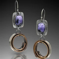 vintage square metal inlaid purple stone earrings for women personality spiral drop earrings fashion jewelry