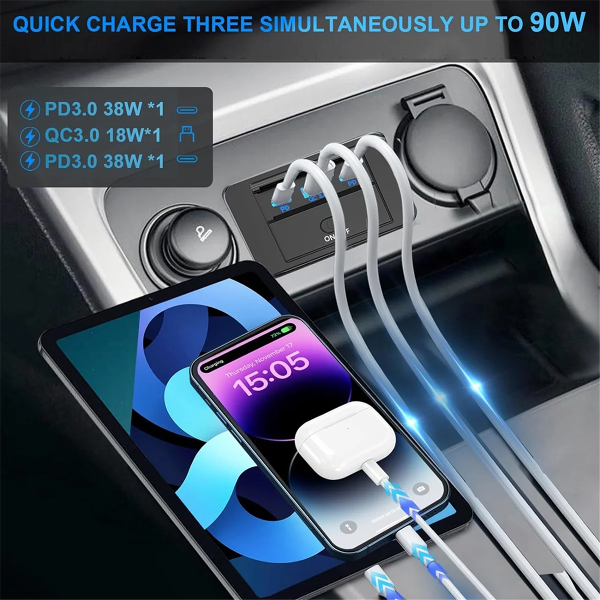 2 шт. 3 порта 12 В RV USB розетка 90 Вт двойной PD3.0 Type-C Быстрая зарядка 72 и QC3.0 18 Панель