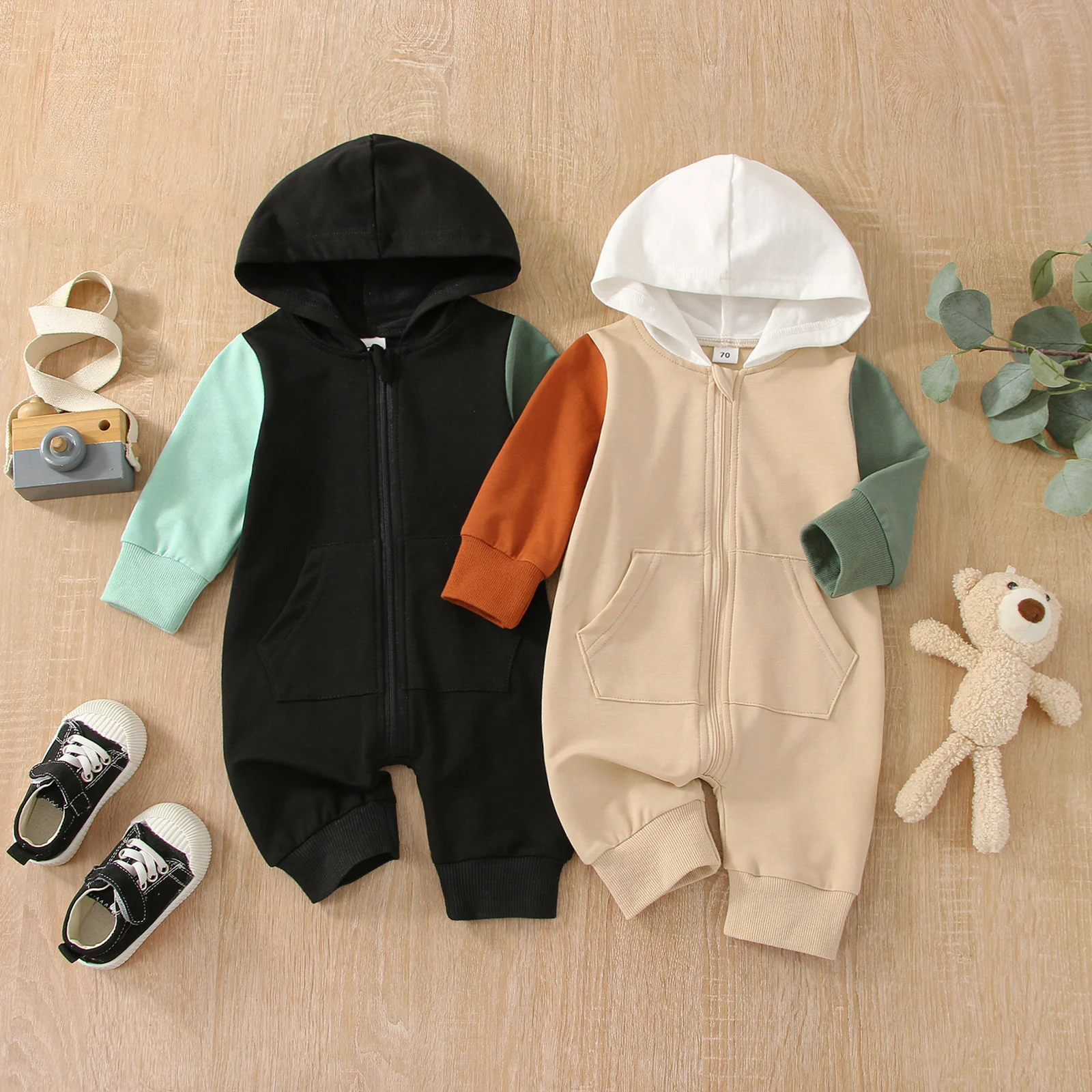

Fall Spring Baby Girl Boy Romper Simple Long Sleeve Patch Color Hooded Zipped Neck Casual Soft Cotton Long Jumpsuit For Infant