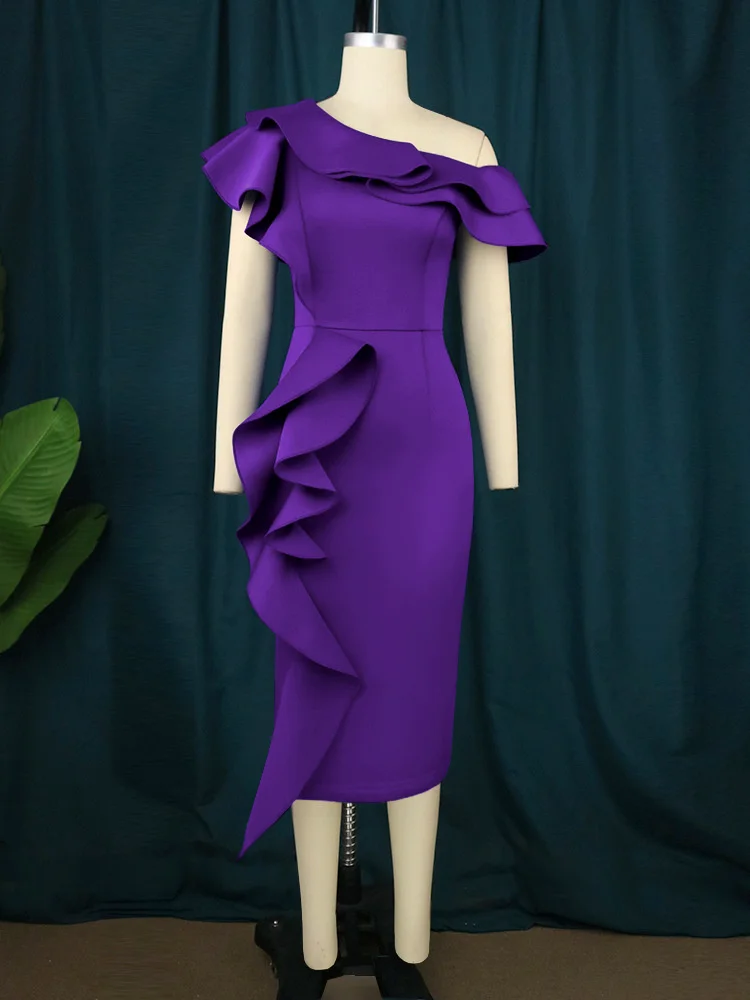Plus Size Fat MM Women's Oblique Shoulder Lotus Leaf Side Dress Large Lady Style Split One Step Dress Party Dress