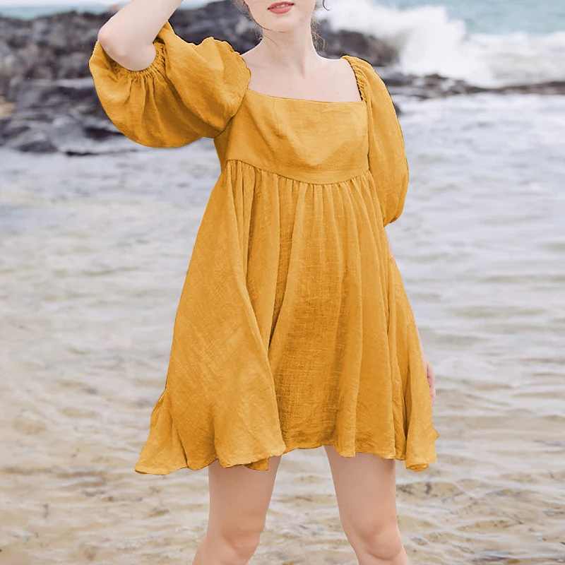 

Шикарные льняные элегантные платья для женщин, винтажные повседневные Летние праздничные платья с квадратным вырезом и пышными рукавами д...