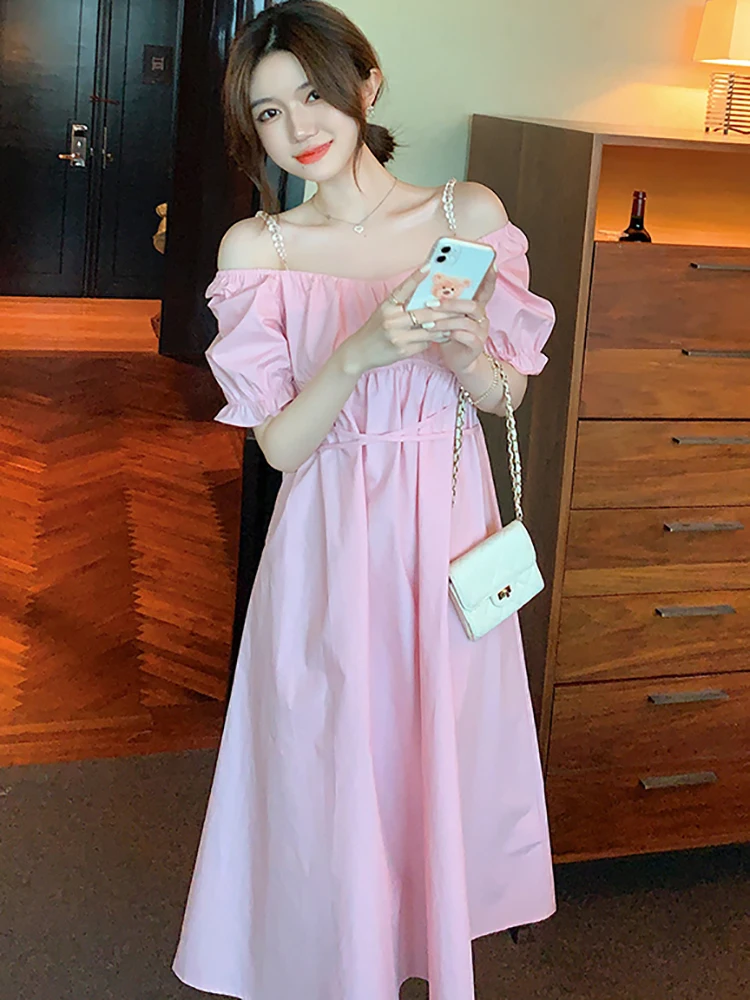 

Женское облегающее платье средней длины, розовое платье с рукавами-фонариками и вырезом лодочкой, модное элегантное однотонное платье в Ко...