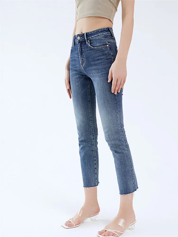 

Женские укороченные джинсовые брюки с бахромой и завышенной талией, облегающие Модные женские осенние мягкие эластичные джинсы, 2022